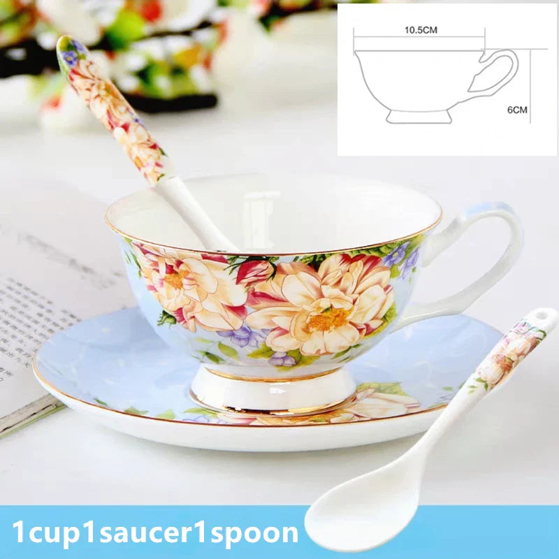 Bone China Afternoon Tea Cup Set with Saucer & Spoon — 200–210ml (6.8–7.1 fl oz) Teacup for Home, Office & Cafe Gift