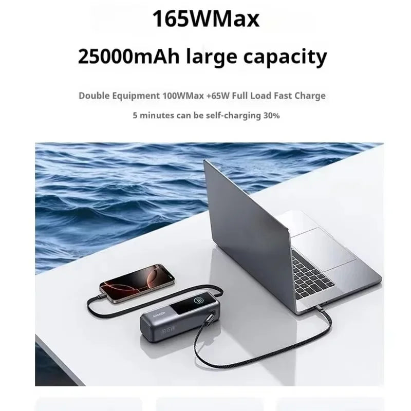 165W 25000mAh Portable Power Bank with Retractable Cables, 100W USB-C Fast Charge, Dual USB Output, Lightweight Metal Charger