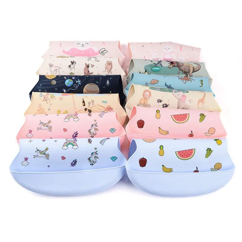Silicone Baby Bib Waterproof Adjustable Cartoon Banana Feeding Bib with Pocket BPA-Free for 1-3 Years
