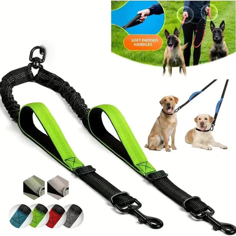 Dual Dog Leash Coupler – Padded No-Tangle Bungee Leash with 360° Swivel, Reflective & Shock-Absorbing