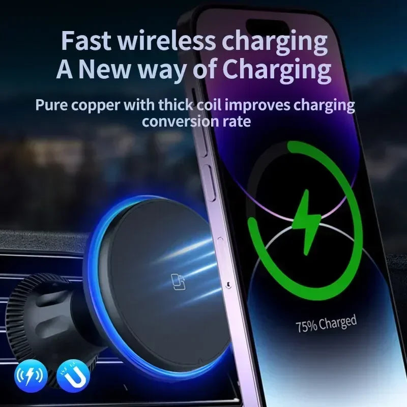 30W Magnetic Car Wireless Charger Vent Mount with RGB LED Light Fast MagSafe-Compatible Phone Holder