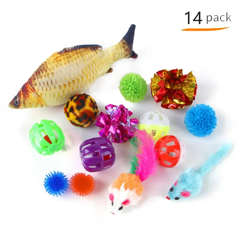 Foldable Cat Tunnel Play Tent with Mouse-Shaped Balls and Fish Simulation Toys for Kittens