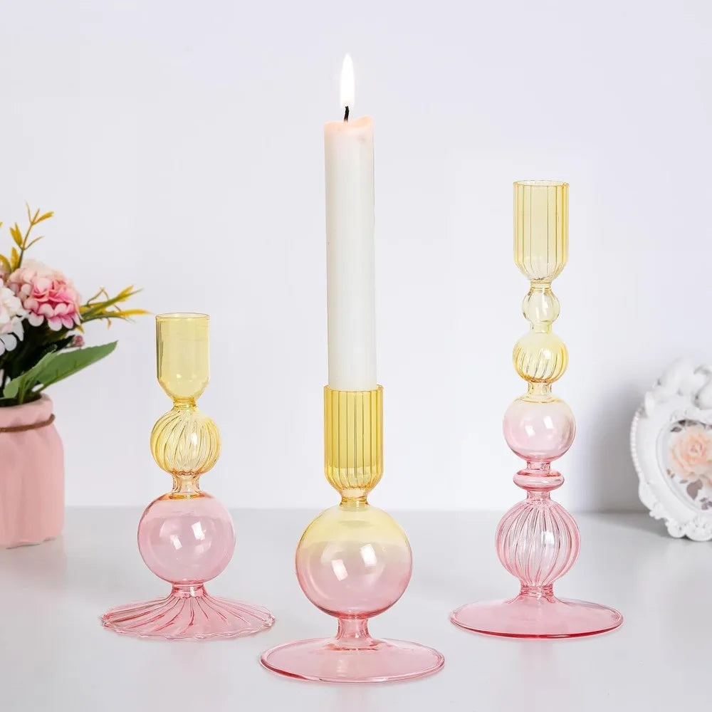 3-Piece Glass Taper Candle Holders and Flower Vases for Wedding Table Centerpiece