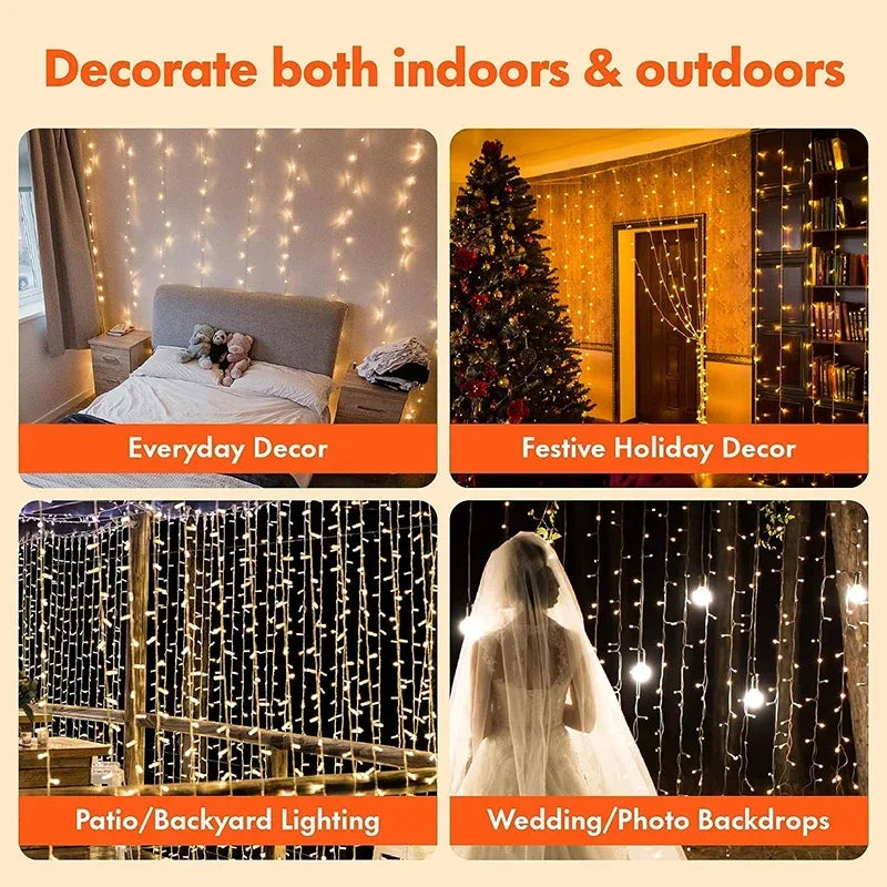 3 x 3m (9.8 x 9.8 ft) LED Curtain String Lights — 300 LED USB Remote, 8 Modes, IP65 Waterproof Fairy Lights for Home Wedding Christmas Party
