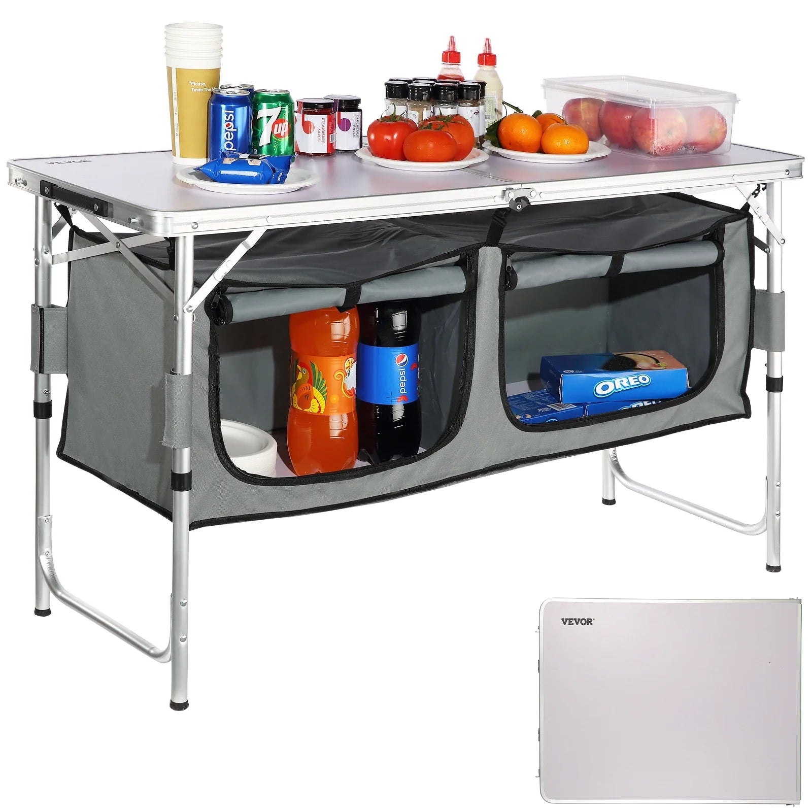 Portable Folding Camping Kitchen Table with Storage Bag – Aluminum Picnic Cook Station, Adjustable Height 21.45 / 24.4 / 27.56 in (54.5 / 62 / 70 cm)