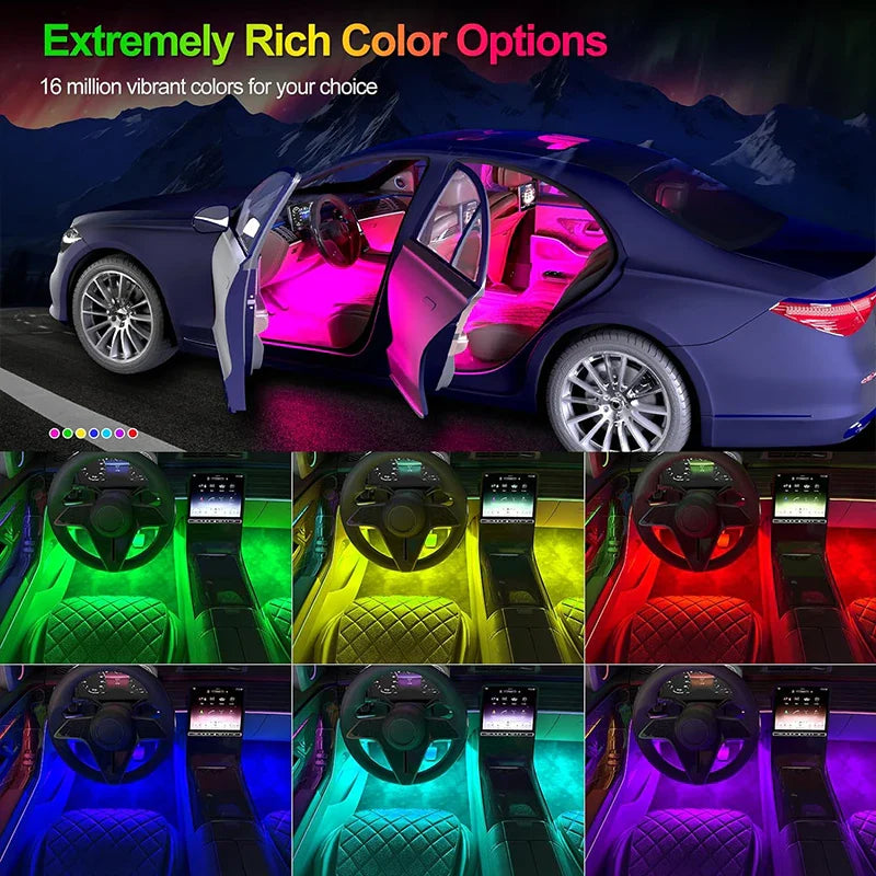 RGB Car Interior Footwell LED Light Strip with Bluetooth APP & Music Sync, 12V Cigarette Lighter Powered