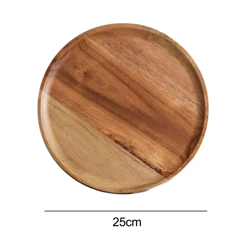 Acacia Wood Round Serving Platter Tray – 15/20/25 cm (6/7.9/9.8 in) Pizza Salad Dessert Plate