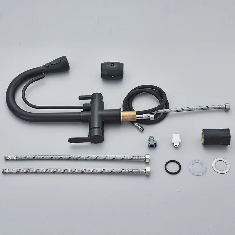 Black 3-Way Filtered Kitchen Faucet 360° Swivel Pull-Out Sprayer Hot & Cold Mixer Tap