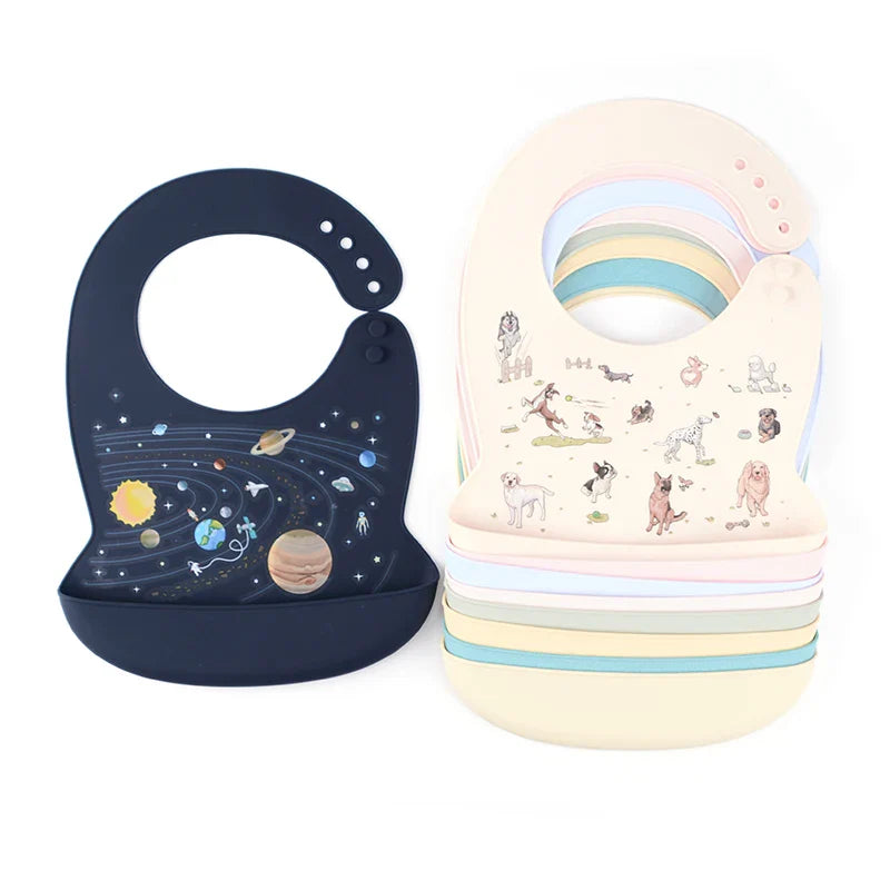 Silicone Baby Bib Waterproof Adjustable Cartoon Banana Feeding Bib with Pocket BPA-Free for 1-3 Years