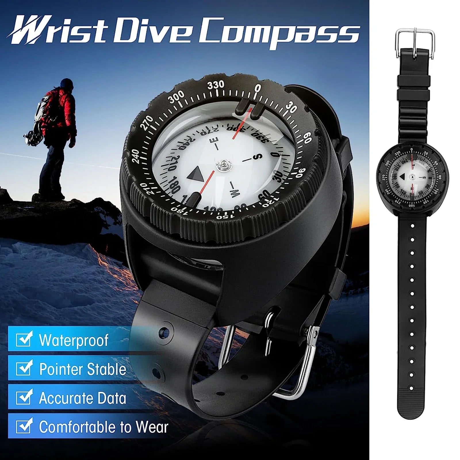 Digital Underwater Diving Compass Wristwatch 50m Waterproof Luminous Scuba Navigator