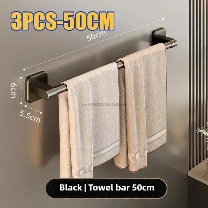 Self-Adhesive No-Drill Bathroom Wall Towel Rack 20-24 in (50-60 cm) Aluminum Single Bar with Hooks