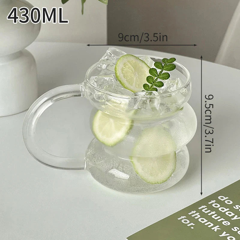 Wave Ripple Glass Tumbler - Transparent Iced Coffee & Milk Tea Cup, 280 ml (9.5 fl oz) & 530 ml (18 fl oz)