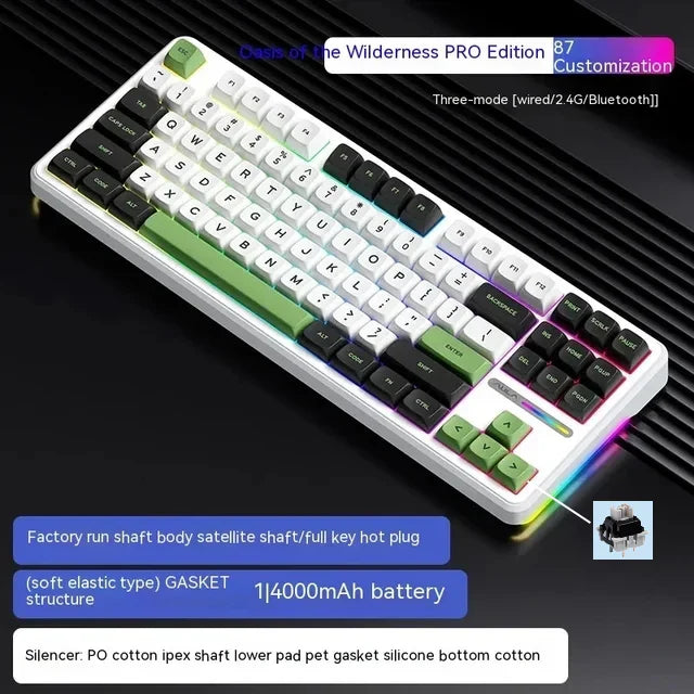 87-Key Tri-Mode Mechanical Keyboard - 2.4G USB Bluetooth, RGB PBT Keycaps, Hot-Swappable Gasket Design, 4000mAh Battery