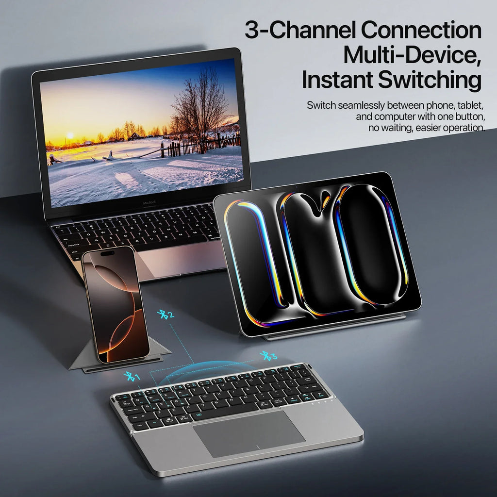 Foldable Bluetooth 5.0 Keyboard with Detachable Touchpad & Phone Holder — Compact 63-Key Wireless Keyboard for Phones, Tablets & Laptops