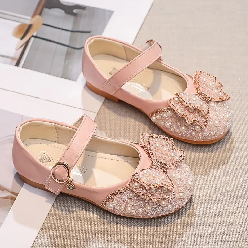 Girls Princess Glitter Ballet Flats, Rhinestone Party & Wedding Shoes — PU Leather, Non-Slip Rubber Sole