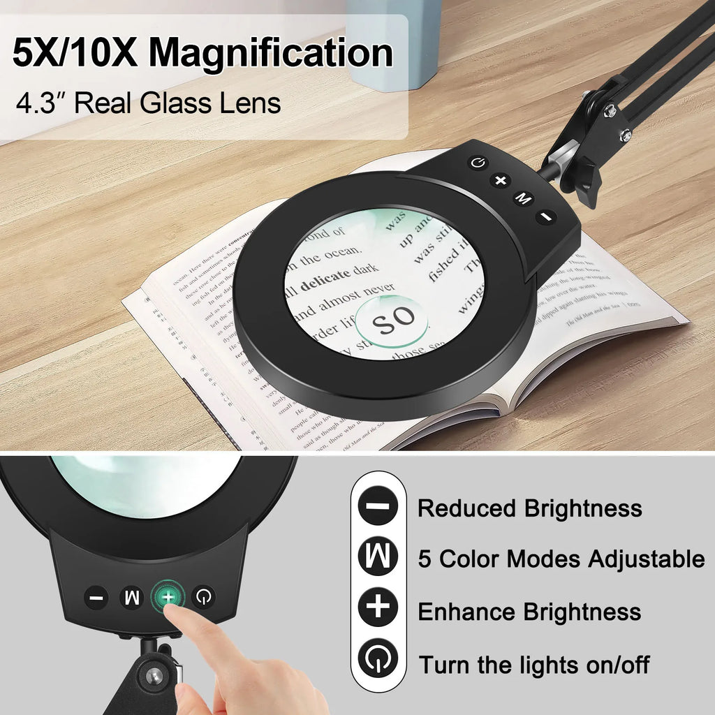 Adjustable Swing-Arm Magnifying Lamp 5X/10X with 110mm Lens, 5-Color Touch LED Clamp Light for Reading Jewelry Repair Electronics