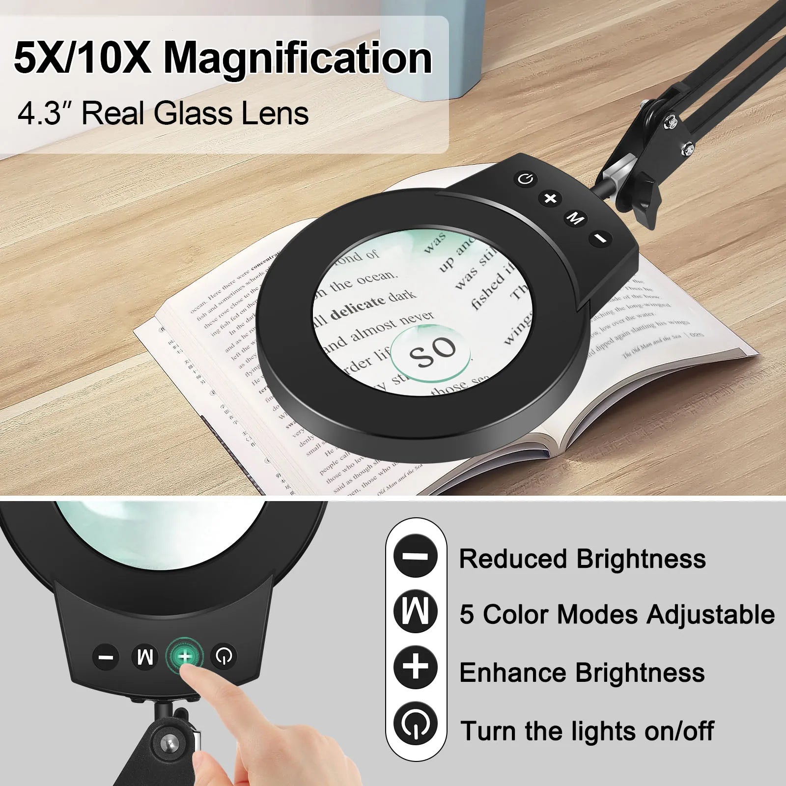 Adjustable Swing-Arm Magnifying Lamp 5X/10X with 110mm Lens, 5-Color Touch LED Clamp Light for Reading Jewelry Repair Electronics