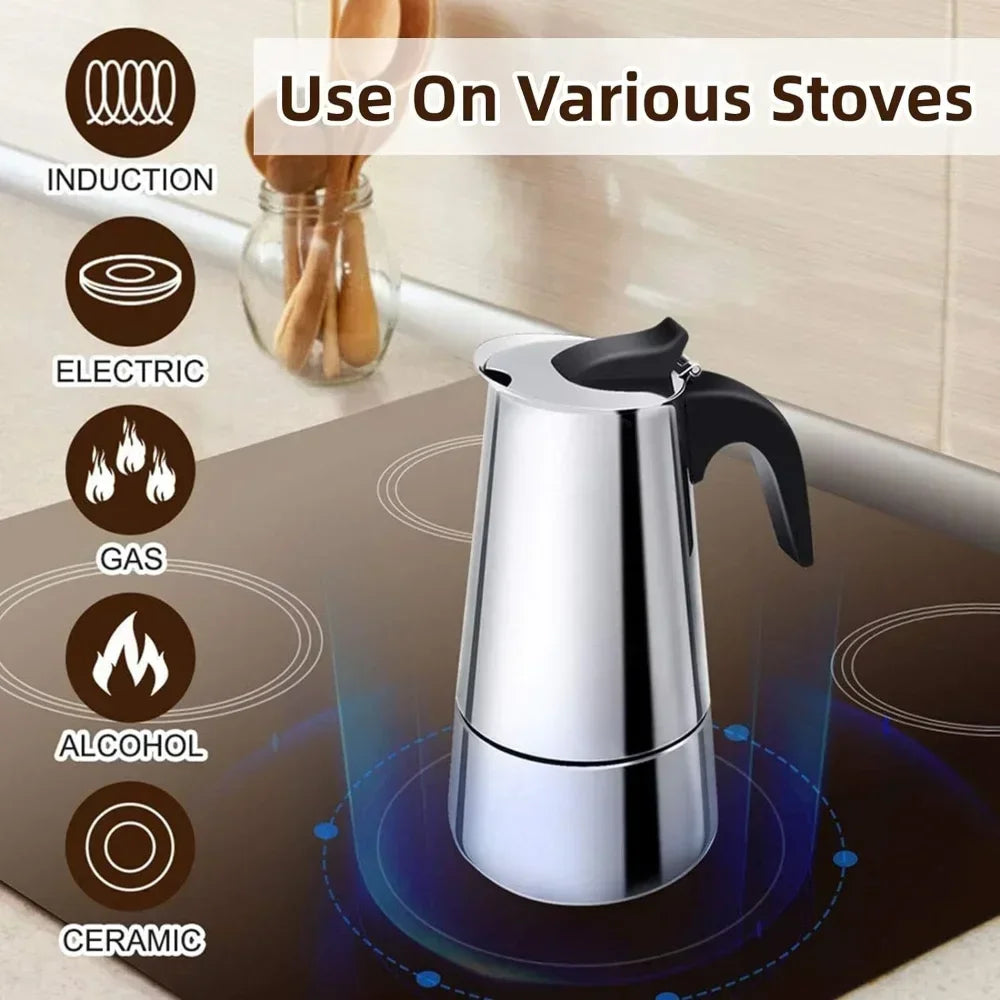 Moka Pot Stovetop Espresso Maker - 2/4/6 Cup Stainless Steel, Induction & Gas Compatible