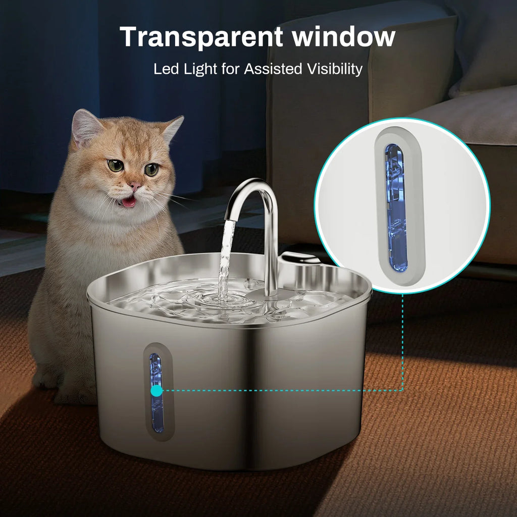 2.2L (74 fl oz) Automatic Stainless Steel Square Pet Water Fountain with Window, Cat Dog Rabbit Feeder