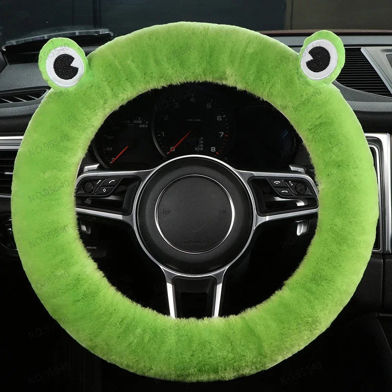 Plush Wool Steering Wheel Cover, Cartoon Frog Short Fur Car Wheel Protector, Fits 35–42 cm (13.8–16.5 in)