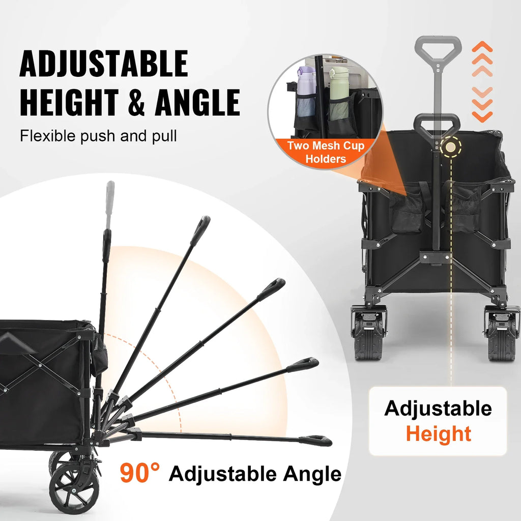 Collapsible Folding Wagon Cart — All-Terrain Beach & Camping Utility Wagon with Drink Holder & Storage Pockets
