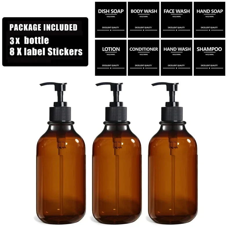 500ml (16.9 fl oz) Amber Refillable Pump Bottle Set with Black Label Stickers - Shampoo, Shower Gel & Liquid Soap Dispensers for Bathroom & Kitchen
