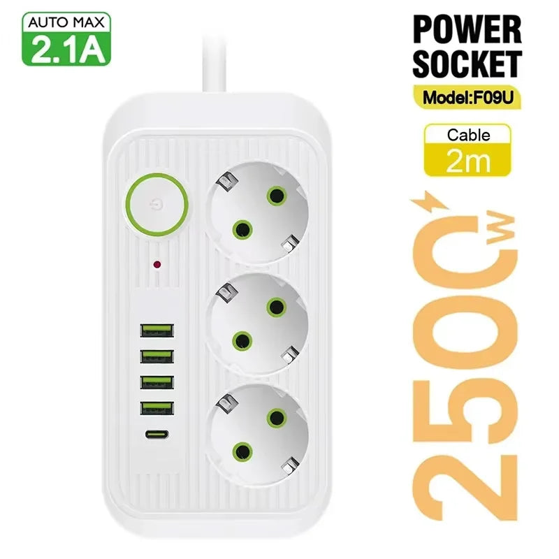 EU Power Strip 8 Outlets, 4 USB Fast Charging Ports, Overload Protection Extension Cord — 2m / 5m