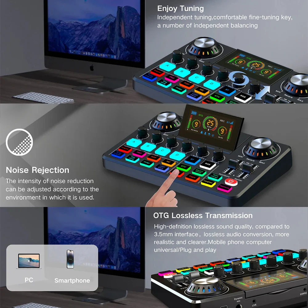 Audio Mixer Live Sound Card with DJ Effects & Voice Changer, RGB Soundboard for Music Recording, Streaming and Podcasting