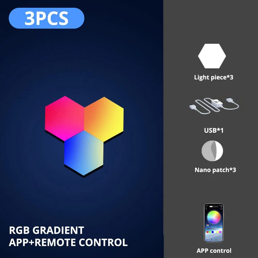 RGB Hexagonal Smart Wall Lamp - Color-Changing LED Panels with App Control, Music Sync & DIY Ambient Night Light for Bedroom Game Room