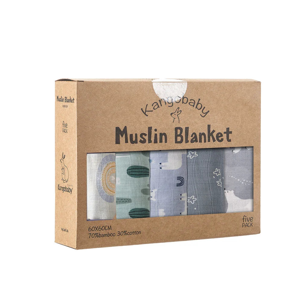 5-Pack Bamboo Cotton Muslin Baby Blankets & Burp Cloths 60 x 60 cm (23.6 x 23.6 in) Soft Breathable Multi-Functional