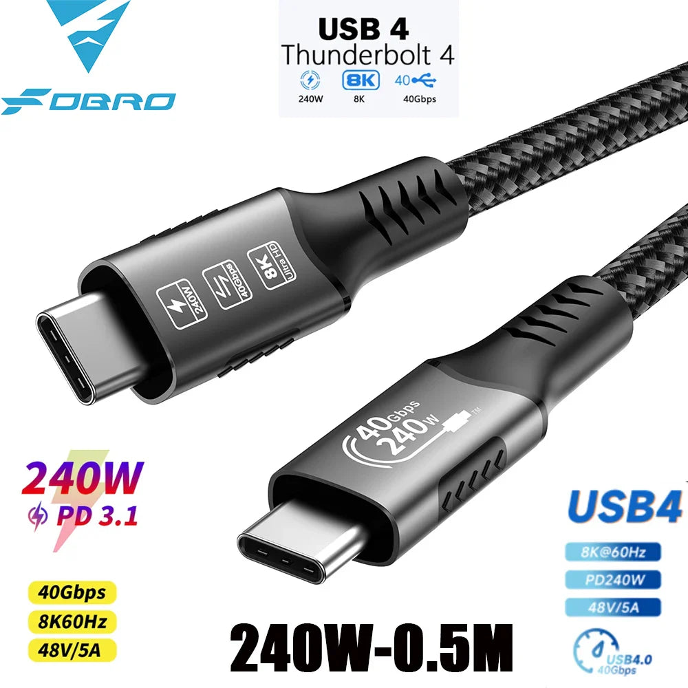 USB4 Thunderbolt 4 USB-C to USB-C Cable — 40Gbps, 240W (48V/5A) PD 3.1, 8K@60Hz Video, Thunderbolt 3 Compatible