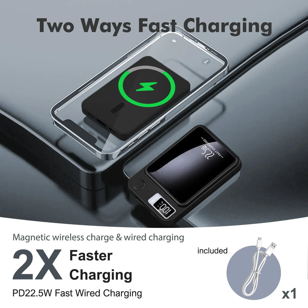 Magnetic Wireless Power Bank 22.5W Fast Charger — 10,000/5,000mAh Portable USB-C & Wireless Power Bank with LED Display, Built-in Cable