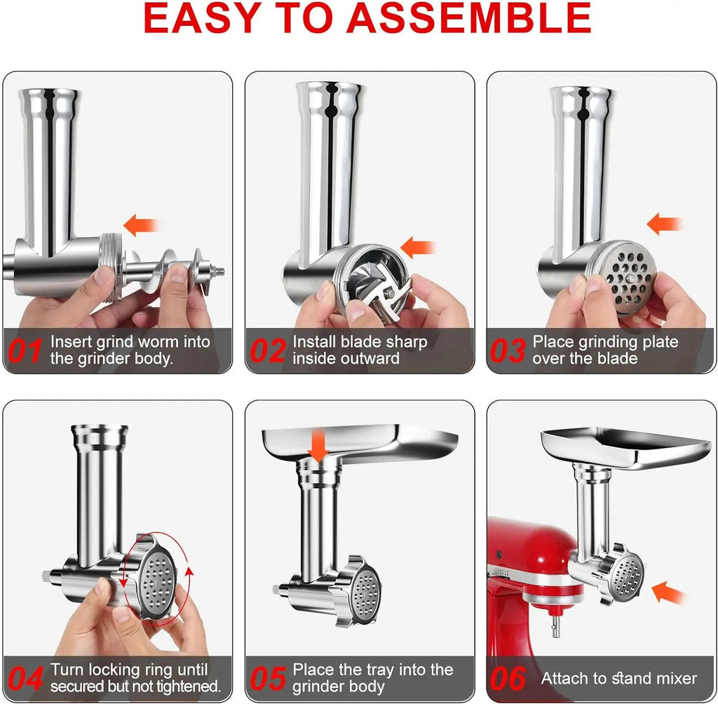 Metal Food Grinder Attachment for Stand Mixers – Meat Grinder & Sausage Stuffer Kit, 4 Grinding Plates