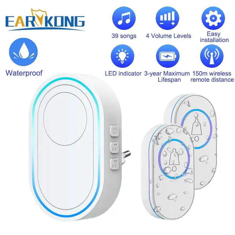 Smart Wireless Doorbell Waterproof Long Range 300m (984 ft) Remote Chime - Plug-in Options EU/UK/US, 39 Melodies