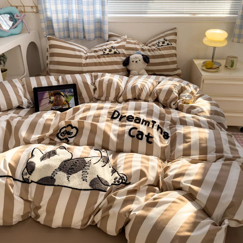 Brown Striped Bedding Set - Duvet Cover, Flat Sheet & Pillowcases (Single/Twin/Full/Queen)