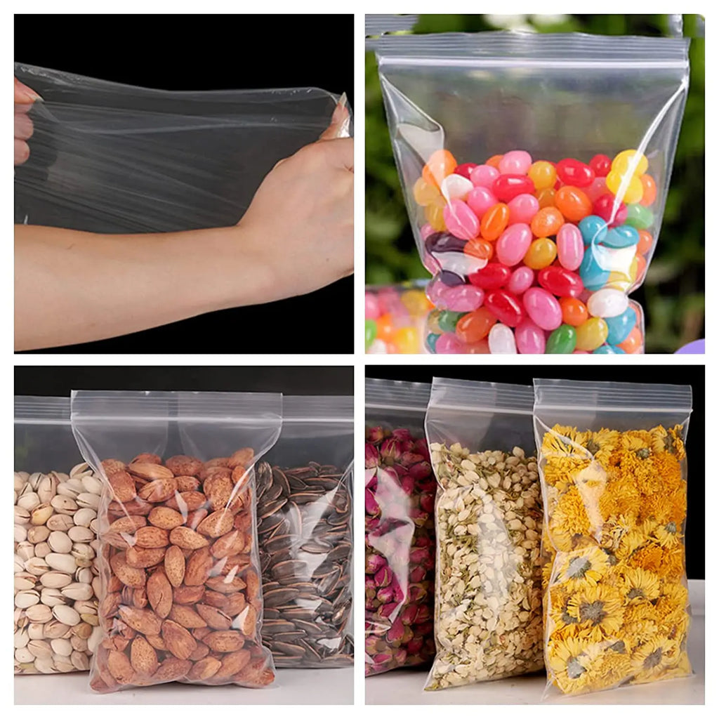 Clear Thick Resealable PE Bags – Reclosable Zip Storage Pouches for Jewelry, Food & Crafts (Sizes 4×6–12×18 cm / 1.6×2.4–4.7×7.1 in, 100–500 Pack)