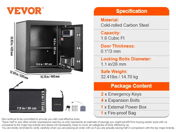 Biometric (Fingerprint) & Digital Safe 2.2 / 1.8 cu ft (62 L / 51 L) Home Security Cabinet with Fireproof Bag
