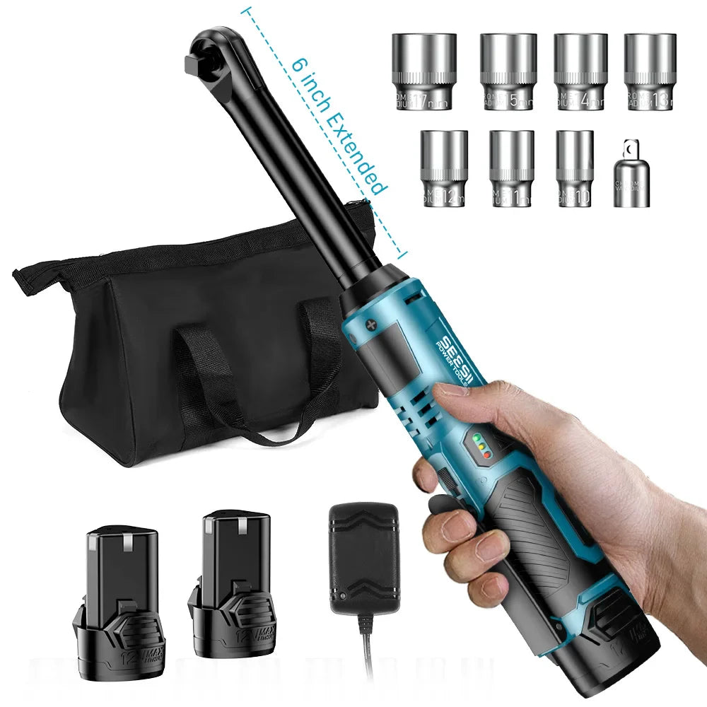 6-Inch (150 mm) Extended Cordless 3/8-Inch (9.5 mm) Ratchet Wrench 12V Rechargeable 54 N·m (40 ft-lb) Electric Angle Wrench with 2 Batteries