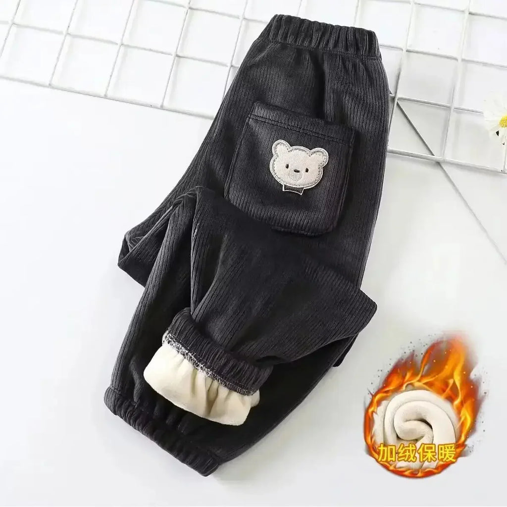 Kids Fleece-Lined Corduroy Harem Pants – Warm Autumn Winter Unisex Bear Print Casual Trousers