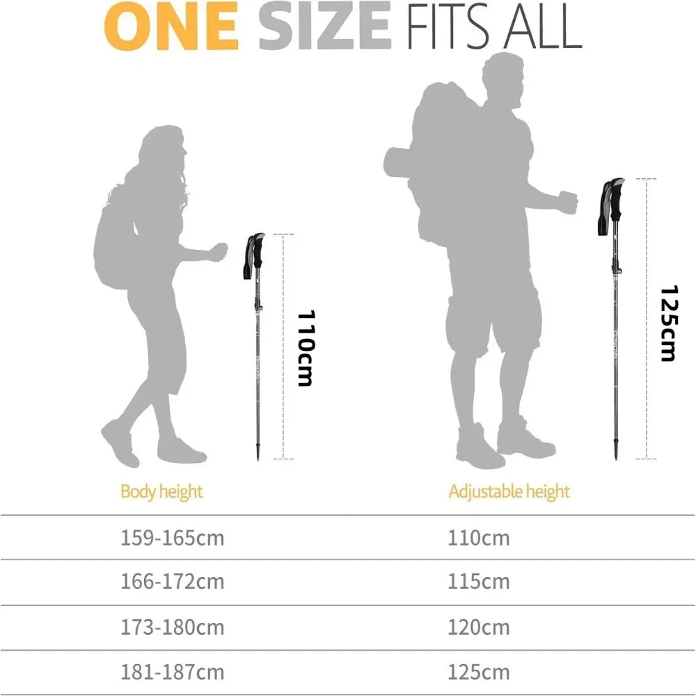 3-Section Adjustable Aluminum Trekking Poles with EVA Grip & Carbon-Tungsten Tips, 32–125 cm (12.6–49.2 in)