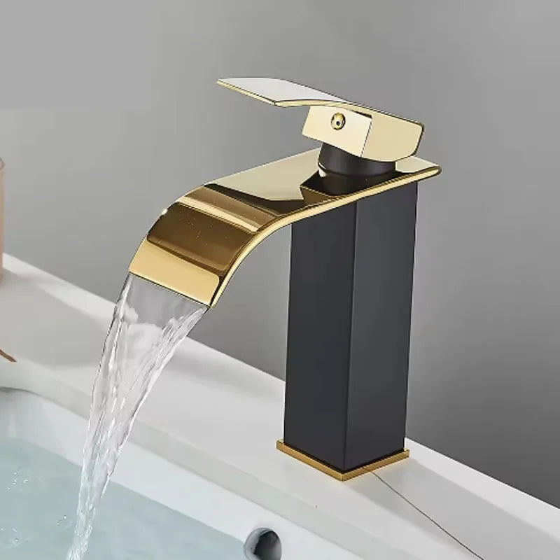 Brushed Gold Waterfall Bathroom Faucet - Single Lever Deck-Mount Basin Mixer, Single Hole, Stainless Steel Ceramic Valve