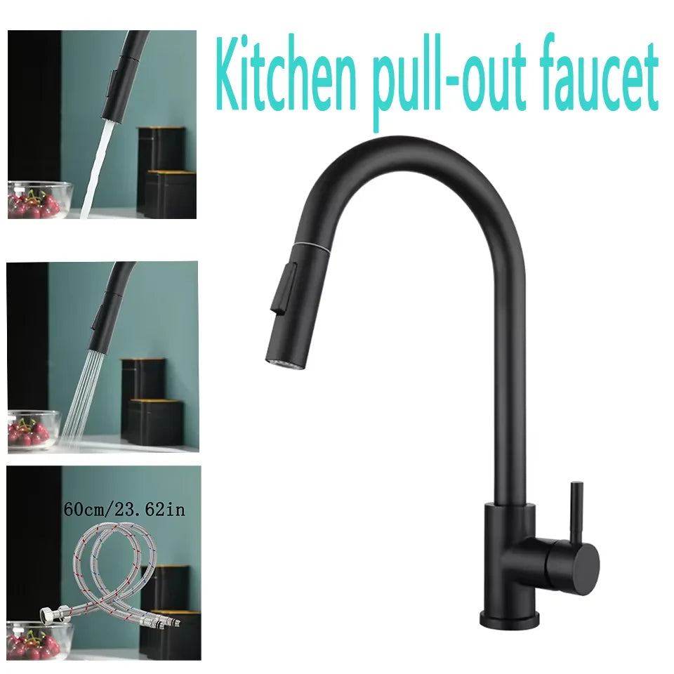 Black Pull-Out Kitchen Faucet 2-Mode Spray & Stream, Deck-Mounted Single-Handle Mixer, 304 Stainless Steel, 1/2-inch Connection