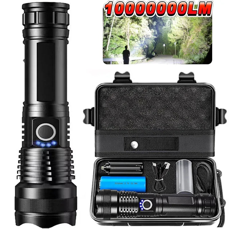 High-Power Rechargeable LED Tactical Flashlight, Aluminum Telescopic Zoom, USB-C, IPX65 Waterproof for Camping & Fishing