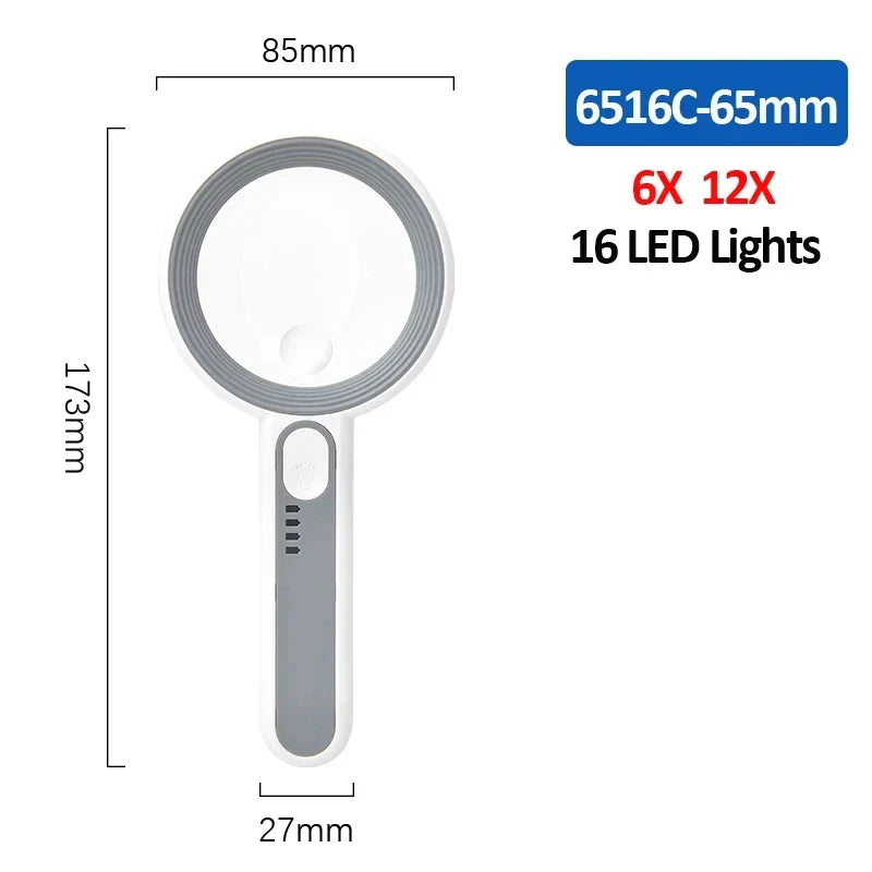 Rechargeable LED Handheld Magnifier 3 Lighting Modes Illuminated Magnifying Glass for Seniors Reading and Repair