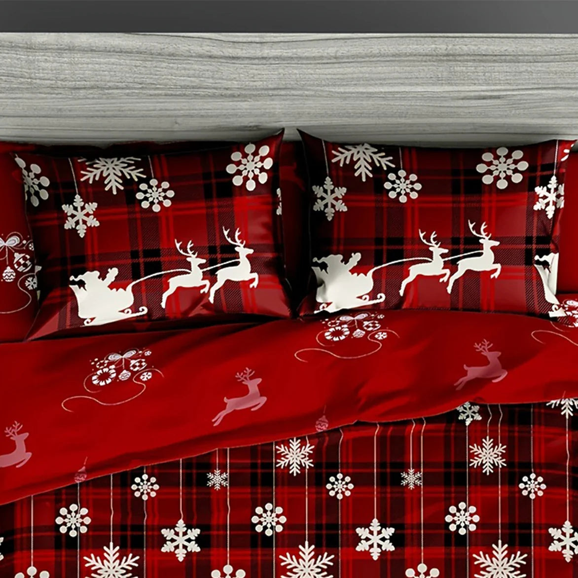 3-Piece Christmas Duvet Cover Set – Checkered Elk & Snowflake Print, Soft Breathable Hypoallergenic Polyester, Machine Washable