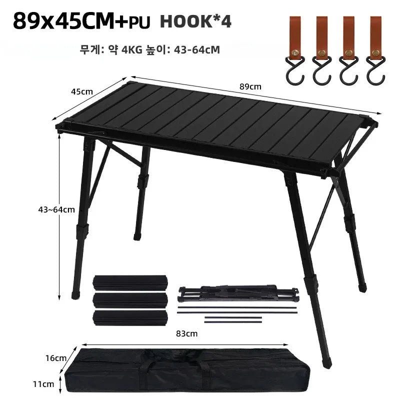 Folding IGT Camping Table – Portable Aluminum Frame with Wood-Grain Top, Adjustable Height 38–55 cm (15–22 in), 95×45 cm Surface (37×18 in) – Compact Foldable Picnic & BBQ Table
