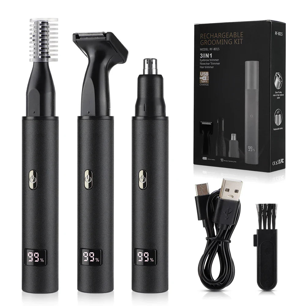 Portable USB‑C Rechargeable Nose & Ear Hair Trimmer — Compact 3‑in‑1 Facial Groomer for Men & Women, Detachable Washable Head, LED Display