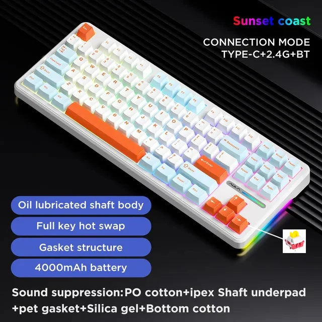87-Key Tri-Mode Mechanical Keyboard - 2.4G USB Bluetooth, RGB PBT Keycaps, Hot-Swappable Gasket Design, 4000mAh Battery
