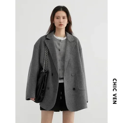Women's Wool Blend Double-Sided Coat Loose Retro Double-Breasted Office Outerwear for Autumn Winter