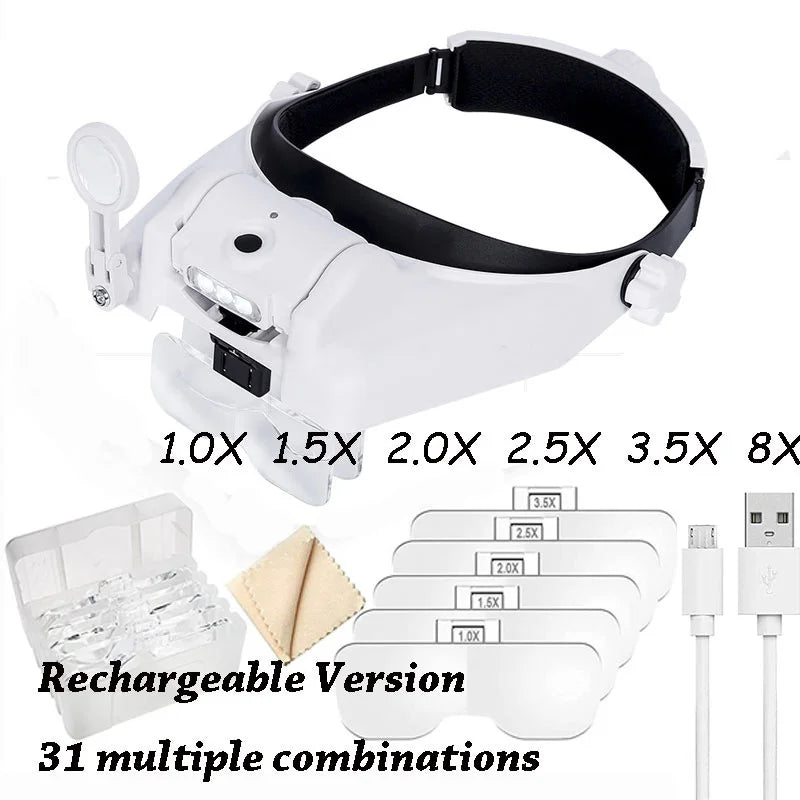 Rechargeable LED Headband Magnifier with Interchangeable Lenses – Adjustable Hands-Free Loupe for Soldering, Jewelry & Crafting